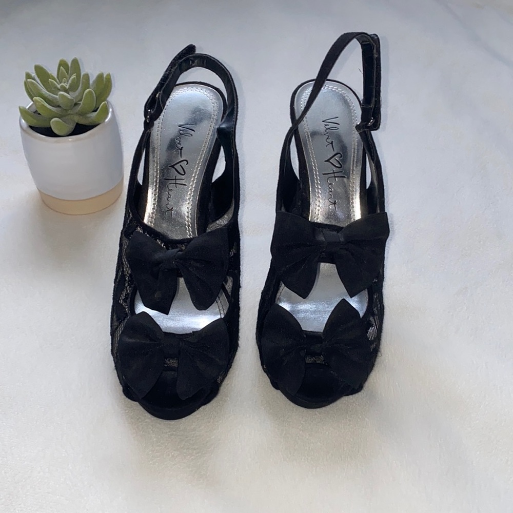 Velvet Heart Lace, Two Bows and Suede Open Toe Heels
